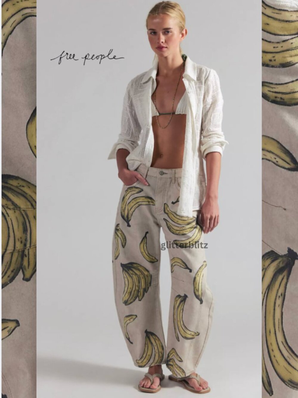 Free People We The Free Good Luck Printed Barrel Jeans GO BANANAS 32